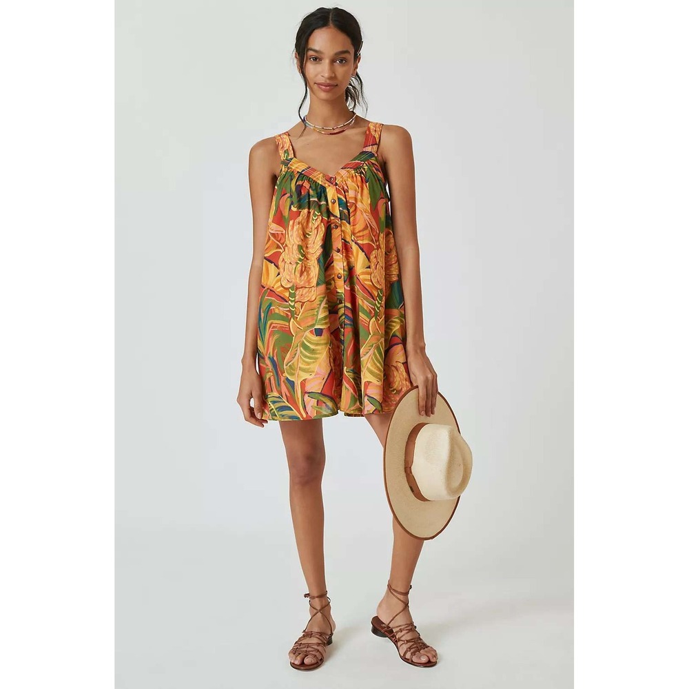 Farm Rio X Anthropologie Dress Tropical Mini XL Orange Multi Boho Button Front